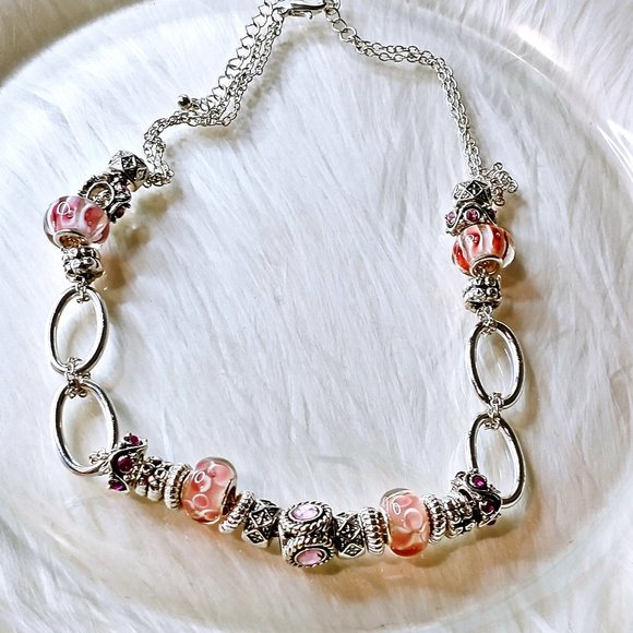 Baroque Vintage Jewelry - Pink & Silver Slider Charm Necklace Glass Beads